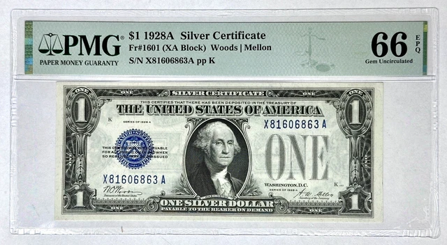 1928-A $1 Silver Funnyback Gem Fr. 1601 XA Block PMG 66 EPQ Ser # X81606863A