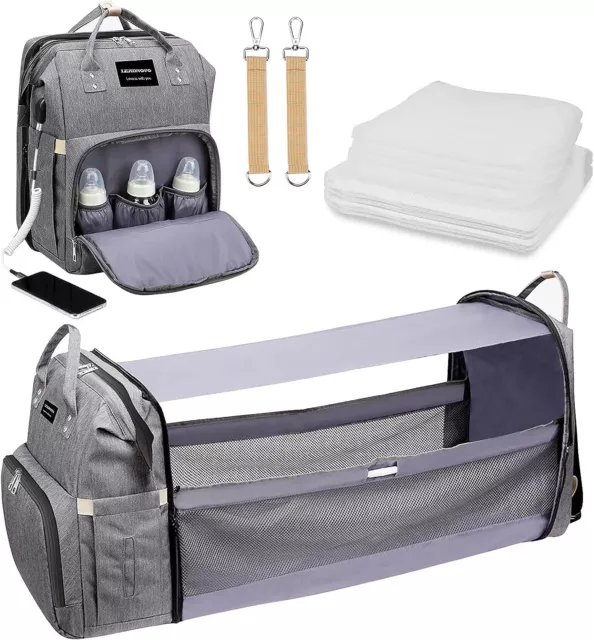Leadnovo Gray Diaper Bag Backpack Detachable Foldable Baby Bed W/ Mosquito Net