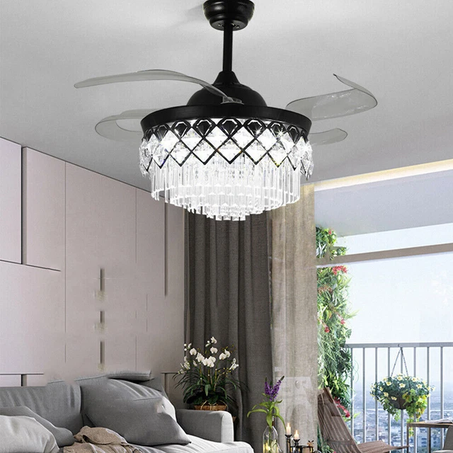 BLACK 42& LUXURY Crystal Chandelier Retractable Ceiling Fan Light