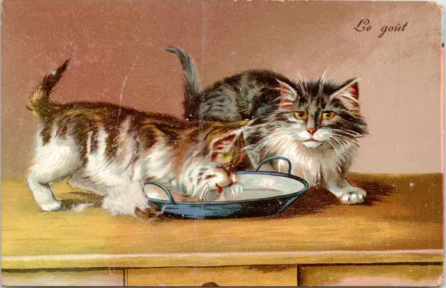 C.1905 Maurice Boulanger Artist Signed 2 Cats Drinking Milk Dish Postcard 729