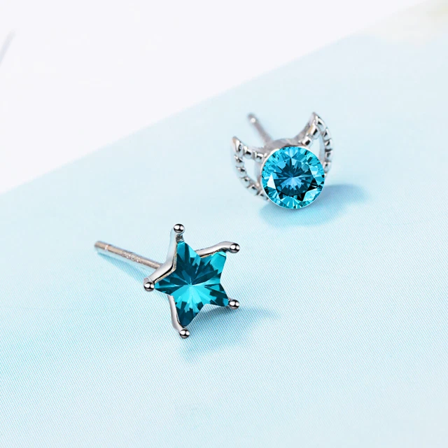925 Sterling Silver Blue Crystal Moon Star Stud Earrings Womens Valentine Gift