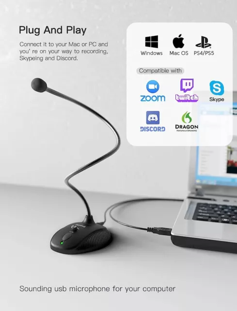USB Computer Microphone, Plug &Play Desktop Condenser PC Laptop Mic,Mute Button