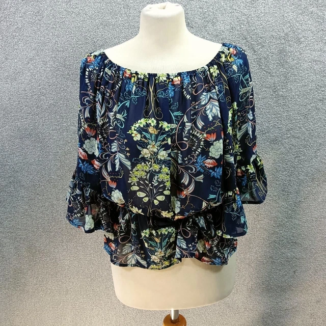 Qed London Navy Floral Blouse Top Bardot Chiffon Frill Flute Sleeve Bnwt Uk S