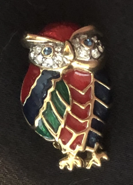 Broche Ancienne Chouette Hibou Stylisée En Métal Doré Ajouré Avec Strass - XXe Siècle