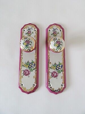 2 Vintage Ceramic Door Knobs Integral Finger Plates Floral Flower Handles