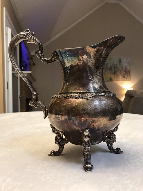 SHERIDAN Silver on Copper Vintage Floral Feet Footed Lipped Water Pitcher 10” in
