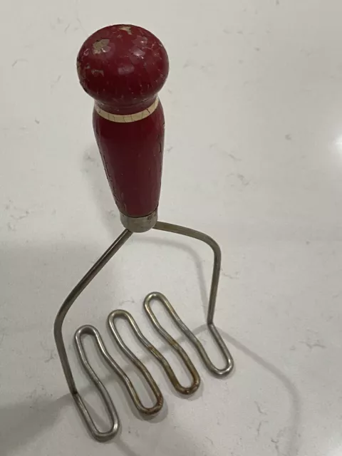 Vintage Red Wooden Handled Potato Masher Kitchen Tool Rustic Farmhouse