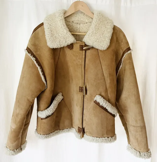 VTG Friitala Tan Shearling Jacket Toggle Coat Women's Sz 10 M Finland Sheepskin