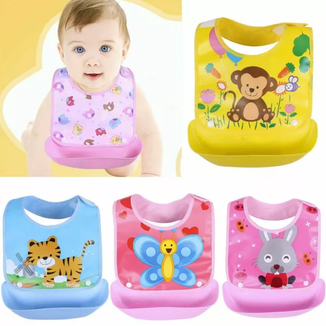 Baby Bibs Waterproof Silicone + Plastic Bib Apron Cartoon Feeding Food Catcher