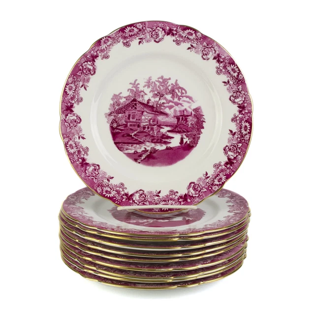 England Red Transfer Luncheon Plates Set 10, Vintage Oriental Village Scene 9"