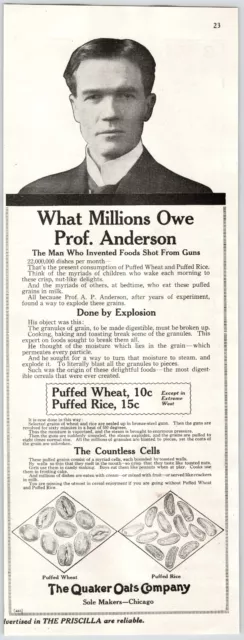 1912 The Quaker Oats Company Prof. Anderson Puffed Wheat & Rice Vintage Print Ad