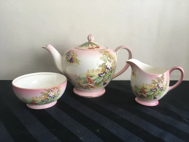 Vtg ROYAL WINTON GRIWADES TEA SET FLORALS PINK TEAPOT SUGAR BOWL CREAMER