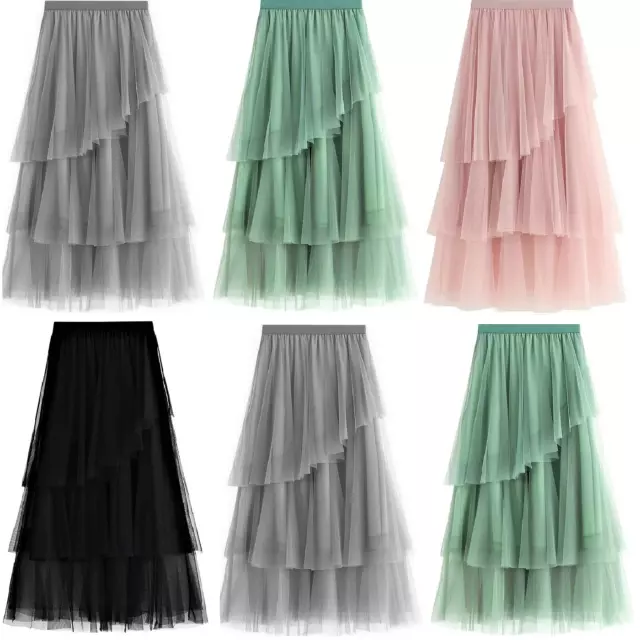 Womens elastic high waist mesh tulle tutu skirt layered pleated maxi long dress