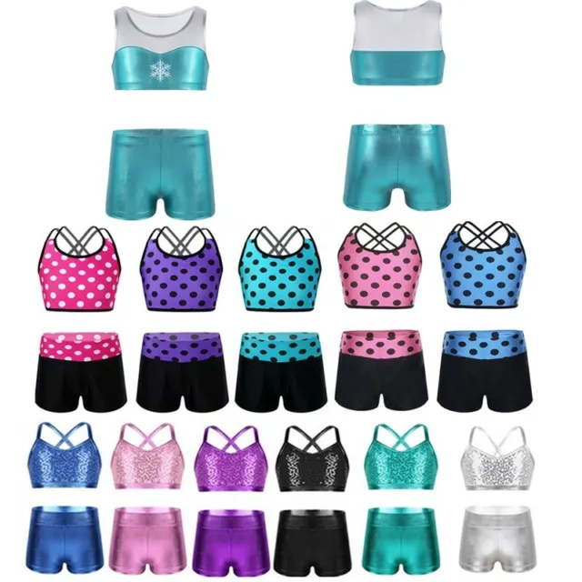 Kids Girls Tankini Outfit Sleeveless Top+Bottoms Ballet Dance Gym Workout Wear
