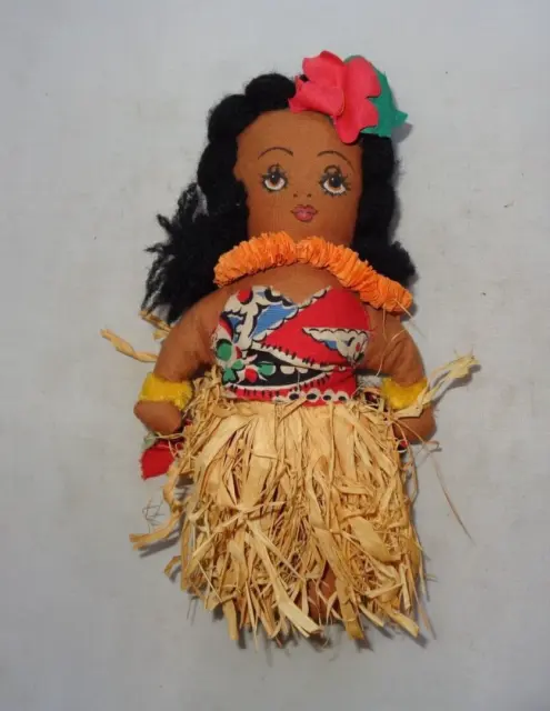 Vintage Hula Girl Dancer Cloth Doll Straw Skirt Yarn Hair Handmade Hawaii 1940s