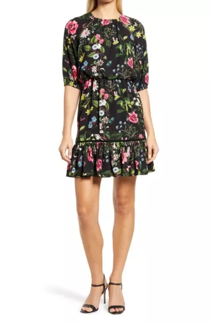 NEW ELIZA J Black FLORAL Crepe RUFFLE HEM Blouson POCKET Spring Mini DRESS 6 2