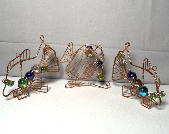 Copper Metal Glass Marbles Stones Fish HANGING Desk Decor 6" - 8" length