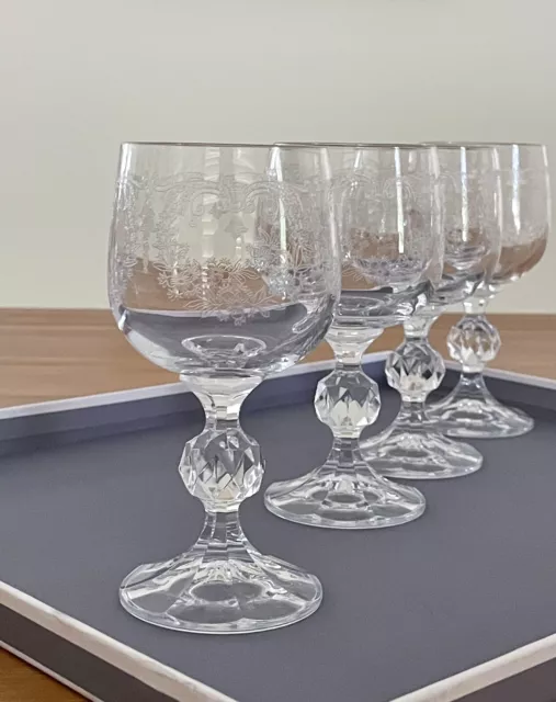 Set X4 Vintage Bohemia Crystal Etched Wine Glasses 190 ml Cascade Czechoslovakia