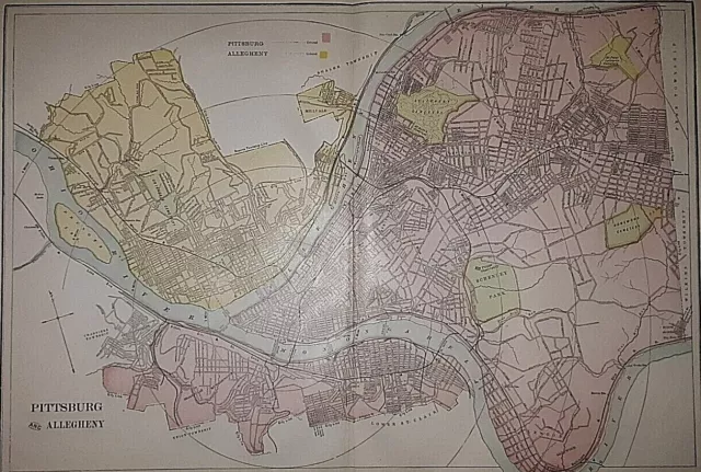 Old 1901 Large Atlas Map ~ PITTSBURG & ALLEGHENY - MILLVALE - SCHENLEY PARK