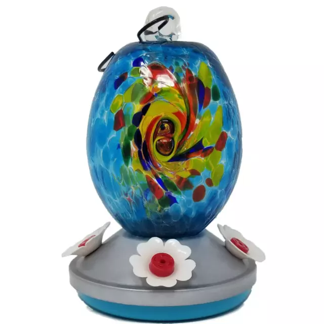 Griffin Products 16 oz. Blue Teal Hand Blown Glass Hummingbird Feeder