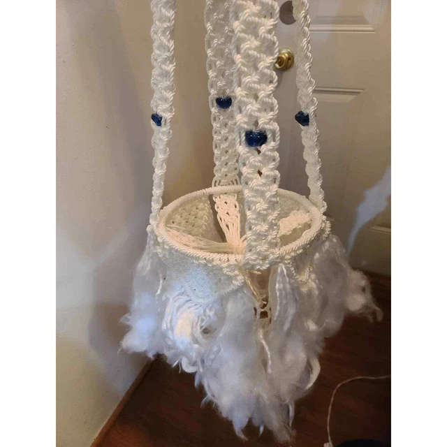 Vintage White Macrame Hanging Plant w/ Blue Glass Beads