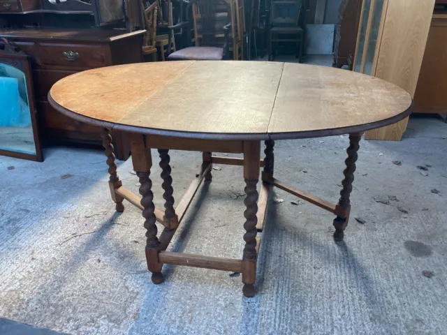 Vintage Brown Oak Oval Drop Leaf Dining Table with Barley Twist Legs