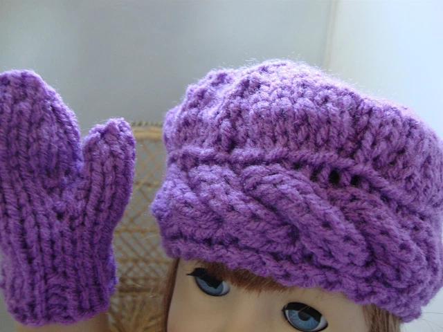 Hand Knit PURPLE HAT with MITTENS Doll Clothes Cable fits doll as American Girl