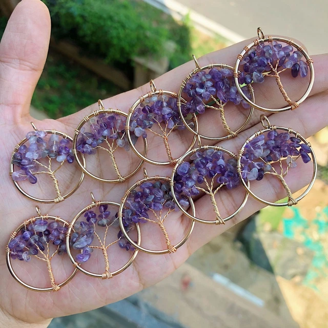 5PCS Yoga Amethyst Gems Stone Tree Of Life Pendants Reiki Healing Amulet