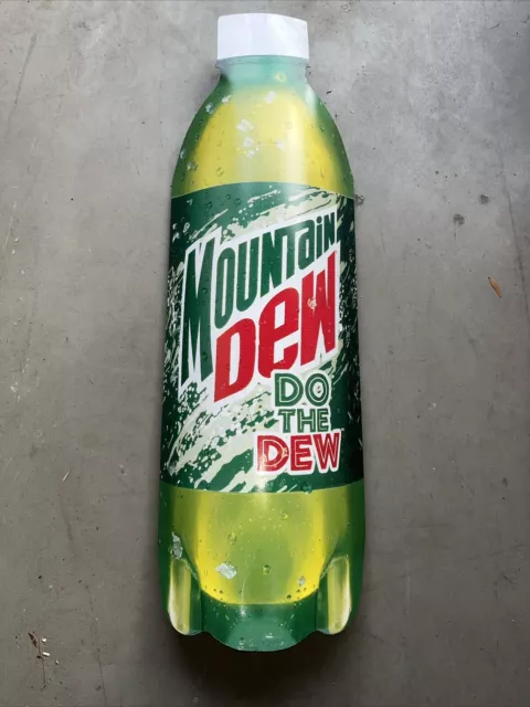 Vintage 90's Mountain "Dew the Dew" Curved Bottle Aluminum Metal Sign 35" x 11"