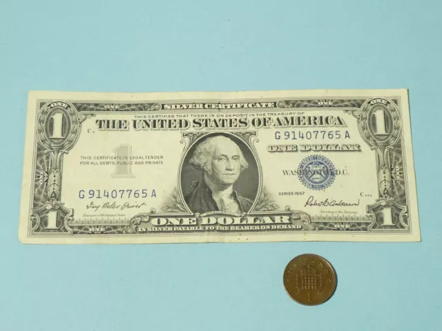 1957 Silver Cert. Blue Seal USA One Dollar $1 Banknote G91407765A #BN3