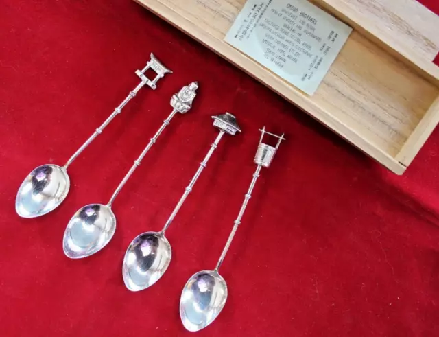 VTG Okubo Brothers .950 Sterling Japanese 4-PC Demi Spoon Set w/Wood Box