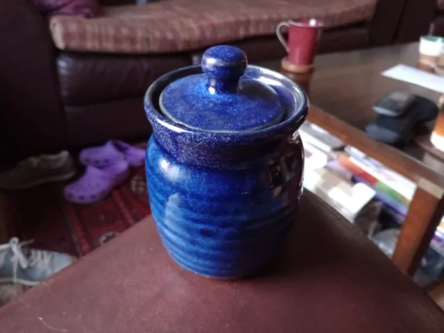 Studio Pottery Cobalt Blue Stoneware Lidded Pot 5" tall x 3.25" Dia.