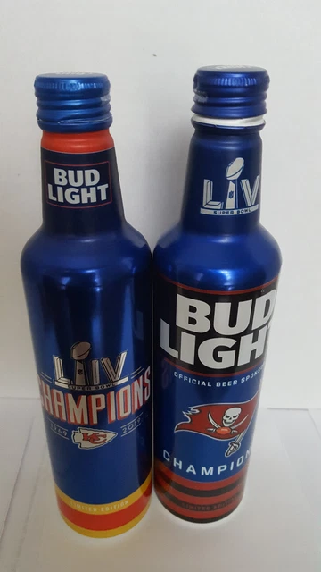 Bud Light * (1)  Kc Champions +(1) Tampa Bay Buccaneers *Aluminum 16 .Oz *Empty*