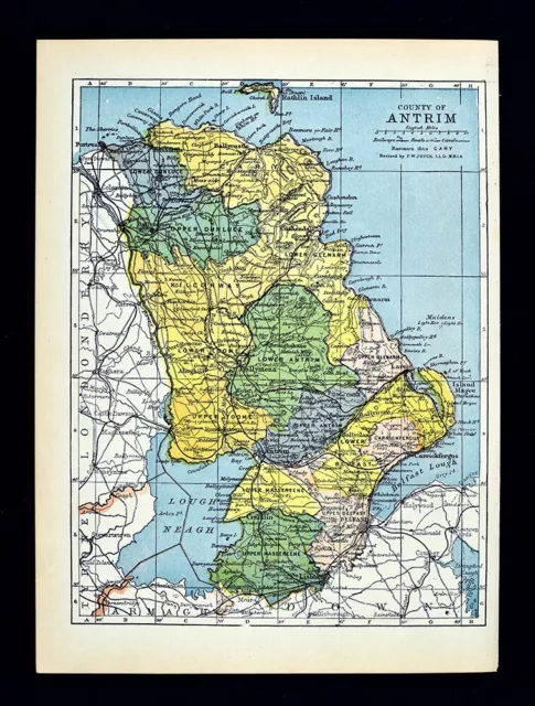 1900 Ireland Map Antrim County Belfast Ballymena Lisburn Larne Giants Causeway