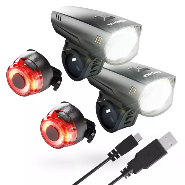 ABSINA 2x LED Fahrradbeleuchtung Set USB Scheinwerfer Akku StVZO Wasserdicht