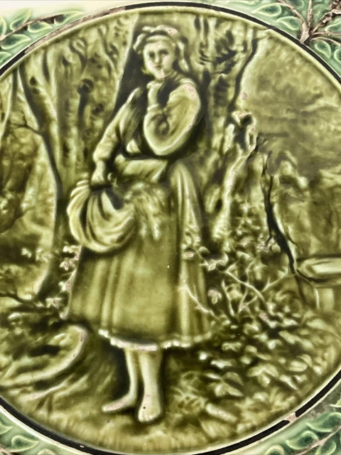 Set ( 2) Antique Majolica Tiles  - 1  Romantic Scene - 1 Girl Gathering  - Green 3