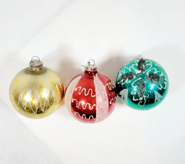 VINTAGE WEST GERMANY Glass Christmas Ornaments 3 red green gold silver