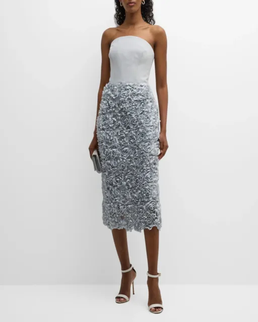 NWT MARCHESA NOTTE Strapless Rosette Bodycon Midi Dress 6 Dove Gray MSRP:$695