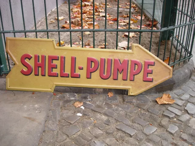 Altes Blechschild Shell-Pumpe Pfeil Oldtimer Öl Dapol Ossag Rhenania Benzin rar!