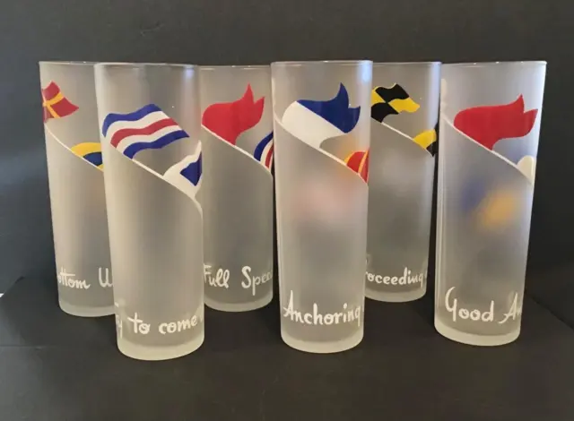 Vintage Libbey Anchors Aweigh Tom Collins Glasses, Nautical Signal Flags Regatta