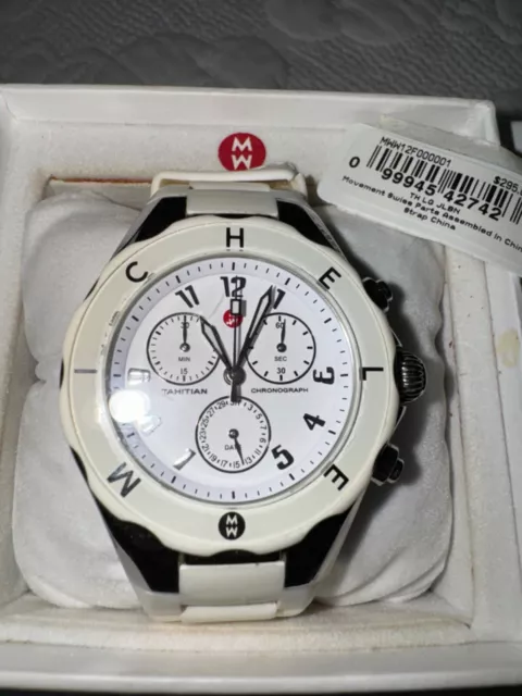 MICHELE Tahitian Jelly Bean Chronograph Watch Silver Dial White Silicone *AS IS*
