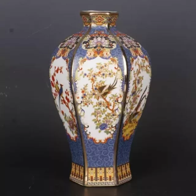 Antique Reproduction Qing Qianlong Enamel Color Flower Bird Six-sided Plum Vase