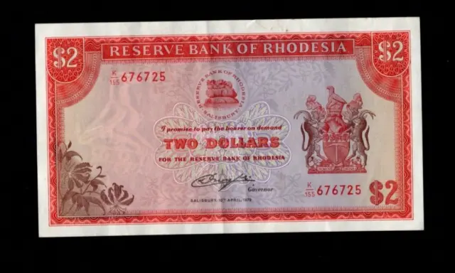 Reserve Bank Of Rhodesia 2 Dollars 1979 Banknote Extremely Fine/Ref D2