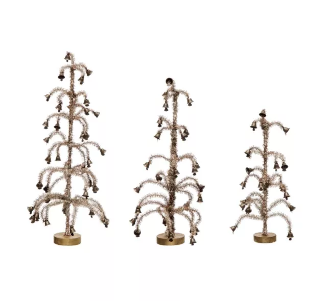 Set/3 10-14" Rustic Tinsel Bell Tree Figurine Retro Vntg Christmas Village Decor