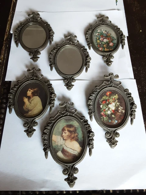 6 Vintage Small Brass Oval Picture Frames w/Glass Print Floral Wall Art Italy
