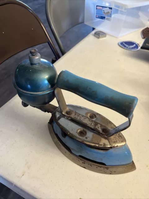 Vintage Coleman Gas Powered Sad Iron Wood Handle Blue