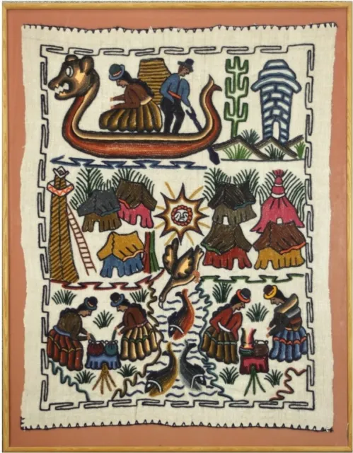 Indigenous Folk Art Peruvian Woven Tapestry Wool Yarn Framed VERY LARGE 41"x 33" 2