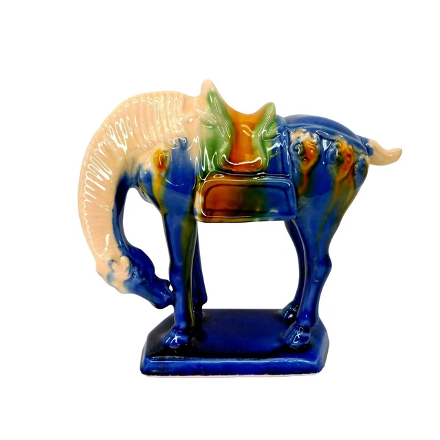 Vintage Chinese Tang Dynasty War Horse Figurine Blue Sancai Glaze Porcelain 4.8"