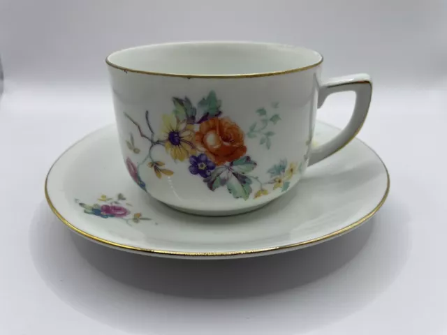 Vintage Bone China Hand Painted Floral Flat Tea Cup And Saucer Set Of 6 Germany