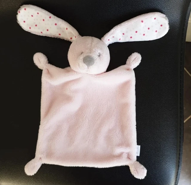 Doudou Plat Lapin Rose Blanc Nez Gris Étoiles Vertbaudet